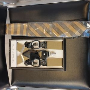 PACKAGE BUNDLE Tan Vico Button & Clip Convertible Suspenders Tie & hank included
